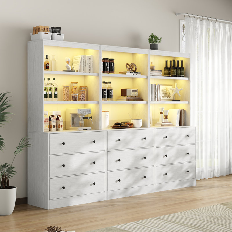 71"H X 70.8"W Book Cabinet Storage Bookcase with USB & Type-C Charging Ports and LED Lights (3A), White