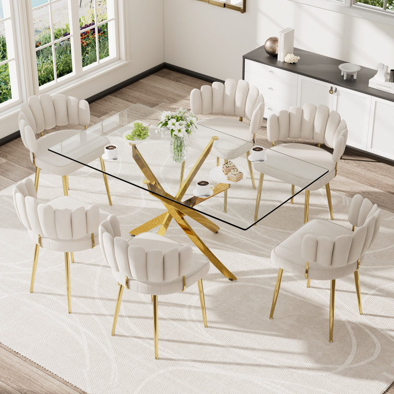 Ensemble de table de salle à manger rectangulaire moderne en verre avec chaises en velours, H 29,5 po x l 63 po x P 31,5 po