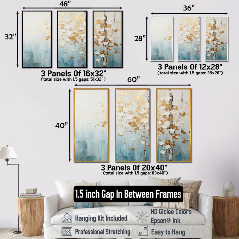 Minimalisme bleu et or forêt I - ensemble d'art mural sur toile forêt, H 32 po x l 48 po x P 1 po, Cadre flottant érable