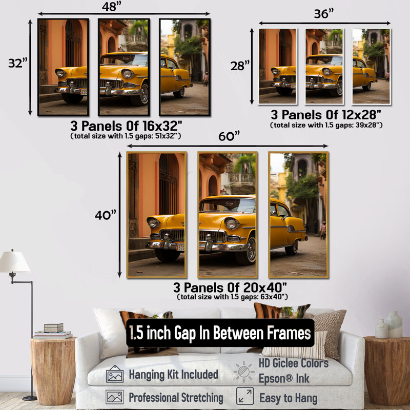 «Yellow Cuban Car Heritage - Cuba», ensemble d'art sur toile, Cadre flottant noir, H 28 po x l 36 po x P 1 po