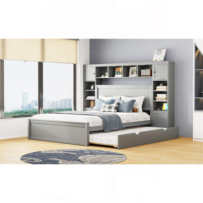 Grand lit en bois avec armoire tout-en-un, tablette et prises, gigogne simple TG, gris