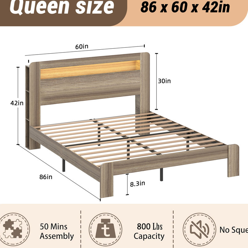Bed Frame Queen Size, Wood Platform Bed, Storage Led - Enabled Headboard, 2 For Charging Gadgets, Noise Function, No Box Spring, Easy Assembly Task, Spacious Under Space Enhanced Accessories,