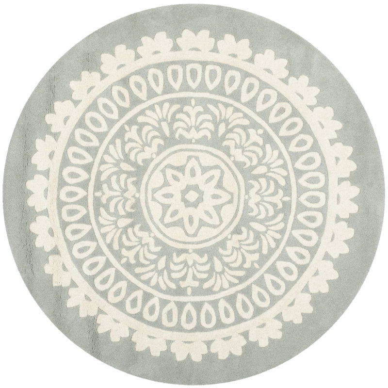 Tapis gris en laine touffeté à la main Rudra, Rond 5 pi