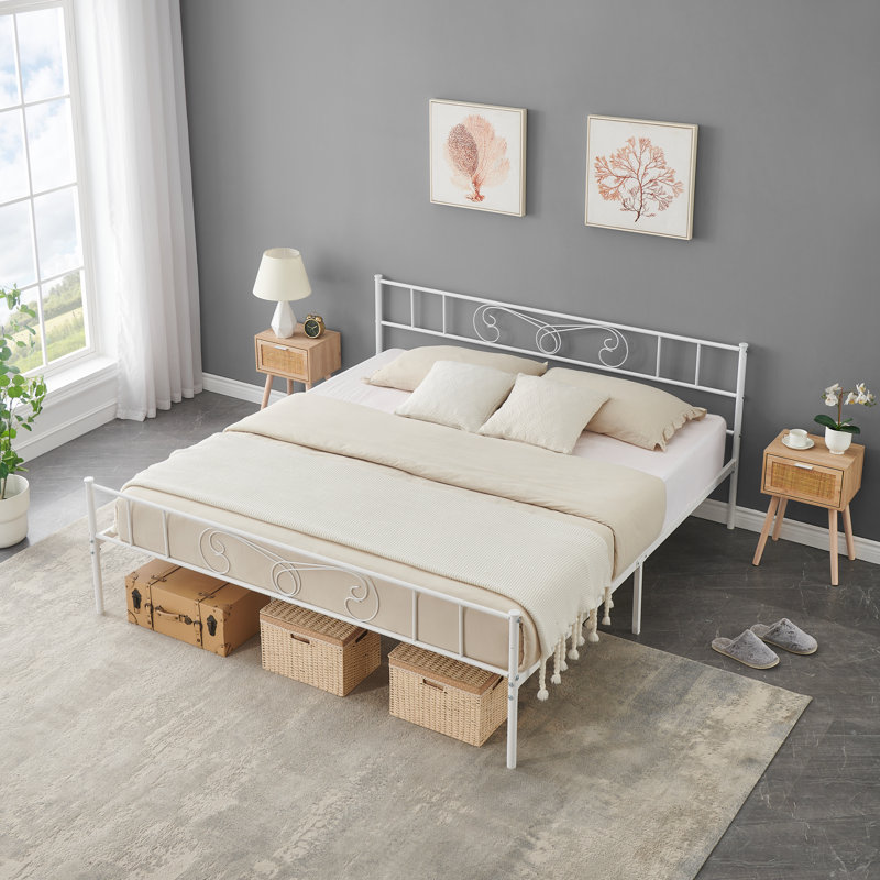 King Size Bed Frame with Headboard and Footboard, Bed Mattress Foundation with Storage No Box Spring Needed Noise Free Easy Assembly, White