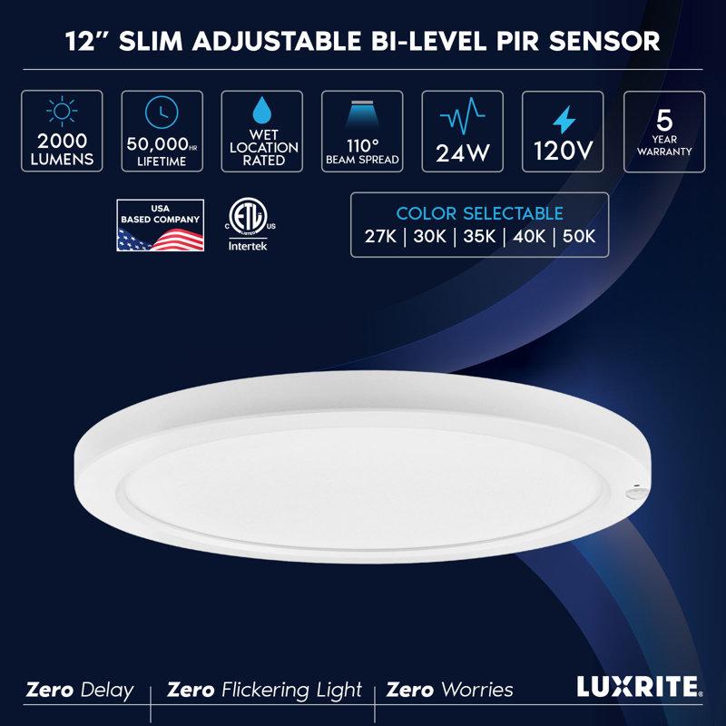  12-Inch LED Flush Mount Ceiling Light with Photocell Sensor, Bi-Level PIR Motion Detection, 5CCT, 2000LM, 24W, CRI90, Wet Rated, ETL Listed
