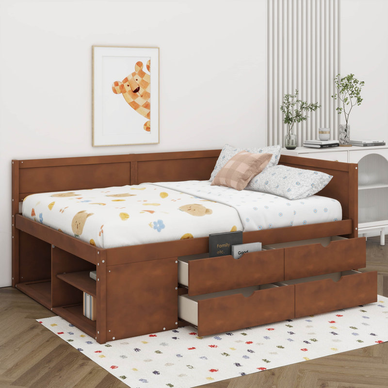 Daybed With Drawers And Shelves，Platform Bed,Bed Frame,Storage Bed, Twin, Walnut