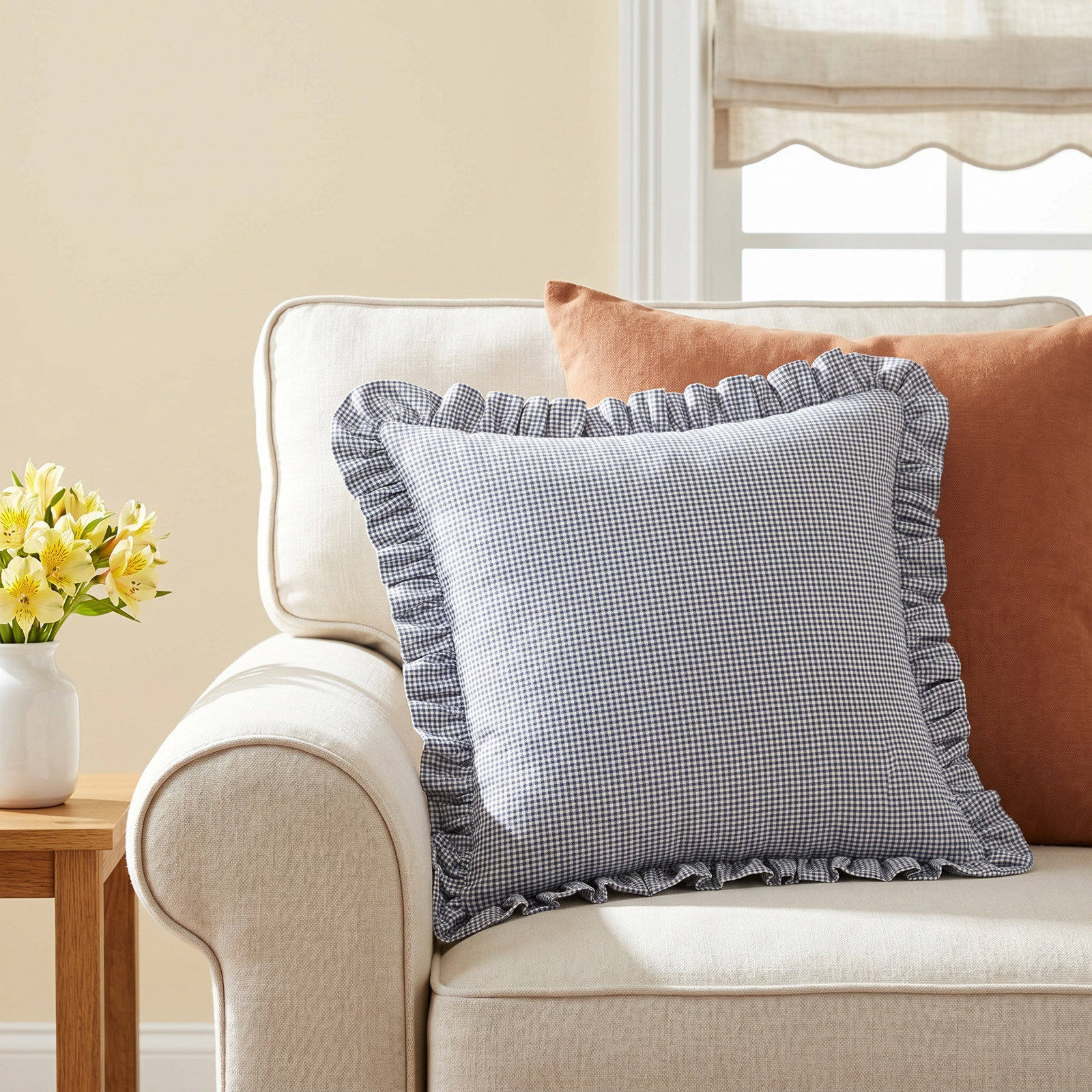 Birch Lane Mini Check Ruffled Accent Pillow, Feather, Blue