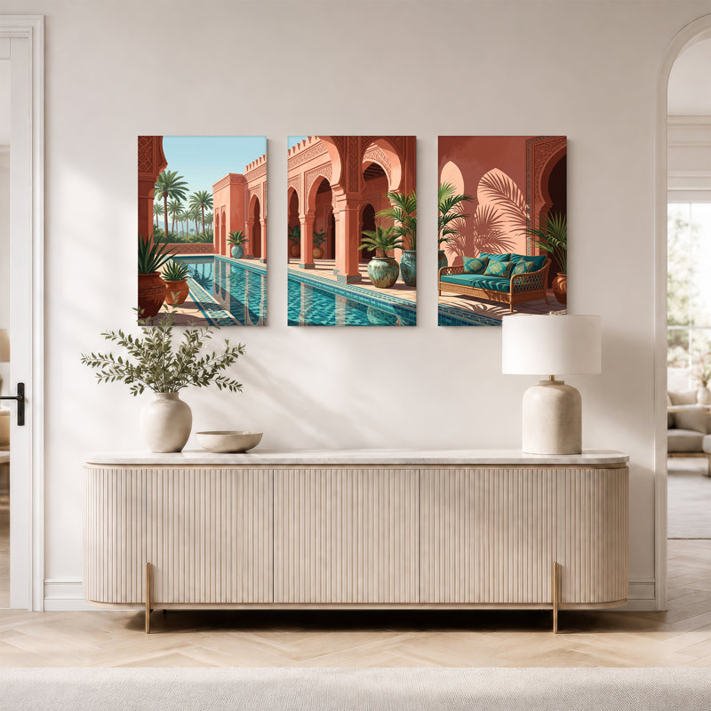 «Terracotta Courtyard with Pool and Palm Plants», ensemble de 3 toiles murales, 36"H x 24"W x 3pcs