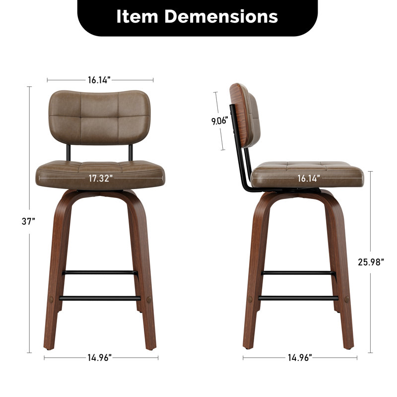 26" Counter Height Swivel Bar Stools,Pu Leather & Bentwood Back Bar Stools For Kitchen(Set of 4), Coffee Brown, 4
