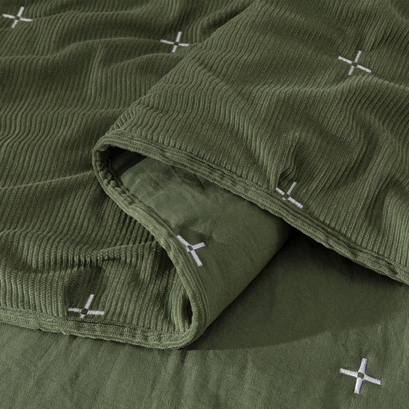  Corduroy Polyester Cross Stitch Quilt Set, Queen Quilt + 2 Standard Shams, Olive Green