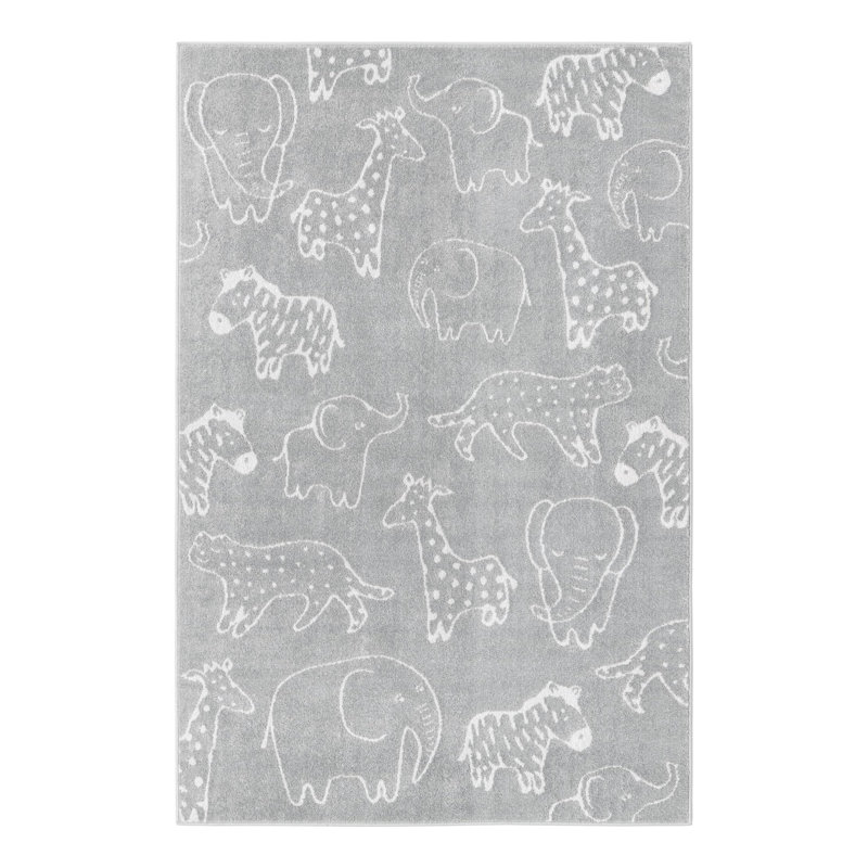Tapis pour enfant Whimsy Safari, Rectangle 5 pi 3 po x 8 pi, Gris / Ivoire