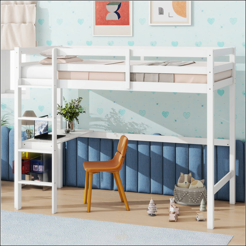 High Loft Bed, Rubber Wood Loft Bed with Safety Guardrail, built-in desk, ladder, White