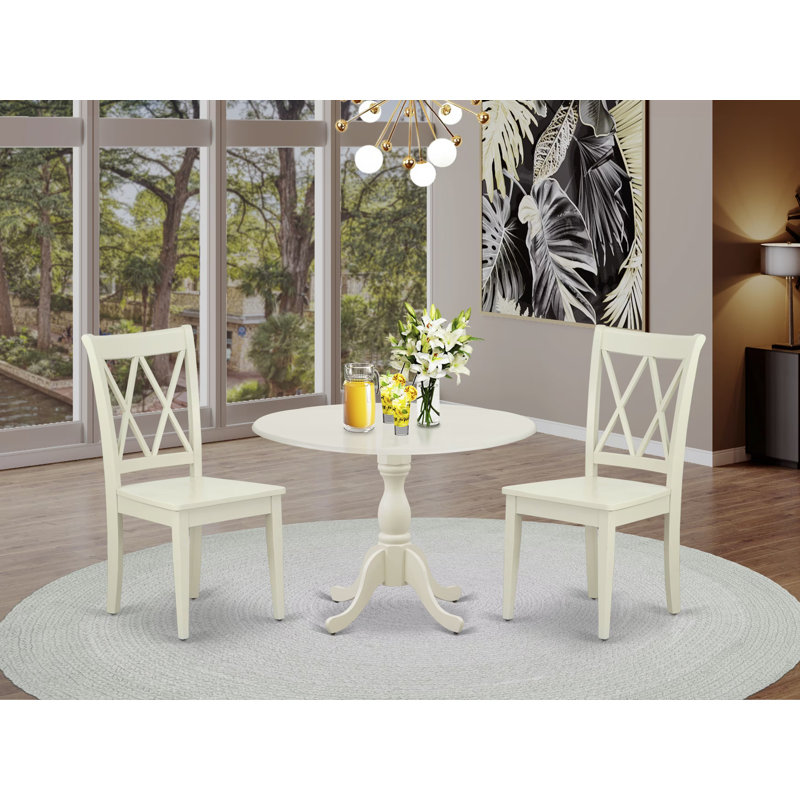 3 Piece Dinette Set for Small Spaces Contains a Round Dining Table with Dropleaf and 2 Dining Chairs, Linen White