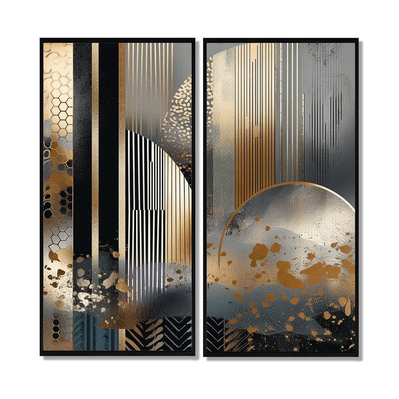 Fultz - art mural moderne doré, H 40 po x l 40 po, Noir, Reproduction avec cadre flottant