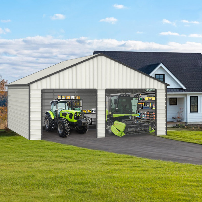 White 23' x 22' Double Garage Metal Shed with Side Entry Door