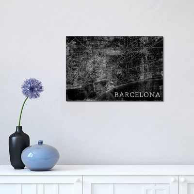 Map Barcelona, Vintage In Black by PI Studio - Wrapped Canvas Panoramic Print