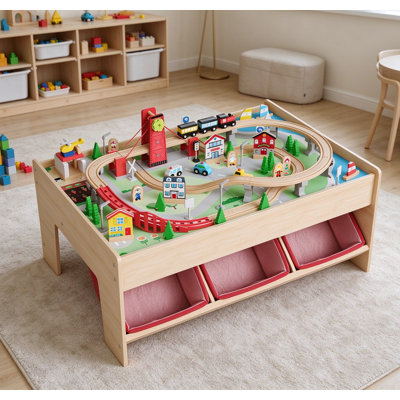 92 pièces train, ensemble de train et table en bois avec 3 bacs de rangement, rails, train, chemin de fer, ville, cadeau pour tout-petits garçons filles de 3 ans et plus