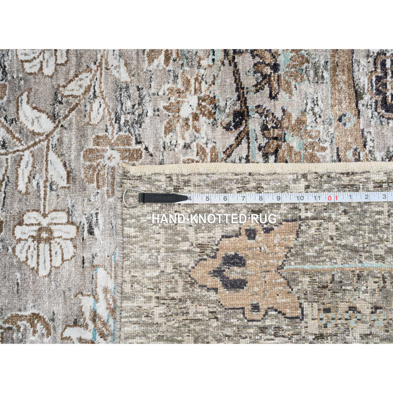 13 po x 9 po x 18 po x 1 po gris, soie avec laine texturée nouée à la main, conception moderne à médaillon effacé d'inspiration persane transitionnelle, très grand tapis oriental Sh64448