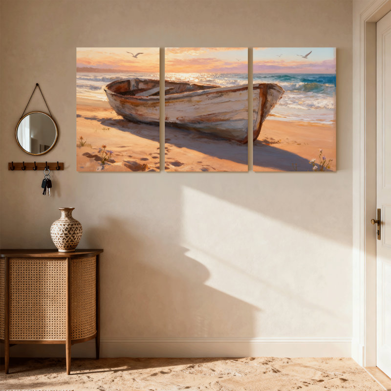Nautique et plage, bateau, coucher de soleil, océan, vagues, mouettes, dunes de sable, ensemble de 3 impressions sur toile