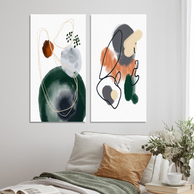 «Dark Green and Orange Abstract Composition», ensemble de 2 peintures sur toiles