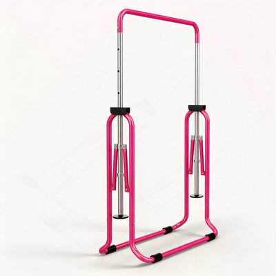 Kids Gymnastics Bar with Gym Rings, Foldable Adjustable Height Horizontal Bar for Kids, Indoor Playground Equipment for Home, Toddler Gymnastics Training Bar for Kids 3-8, Pink