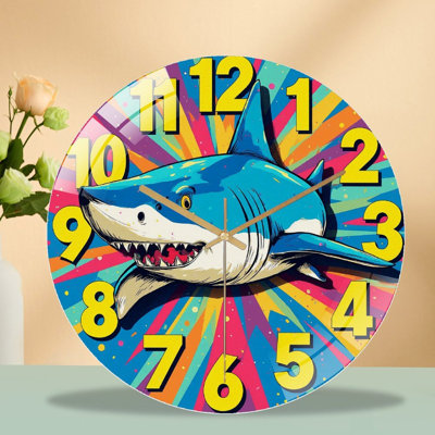 Shark Wall Clock Art - 12'' Modern Glass Wall Clock