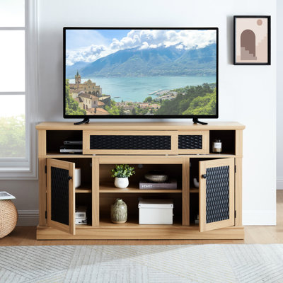 Tv Stand With Ample Room, Pattern, Fits 65" Tv, Oak Cabinet Feature, Accommodates