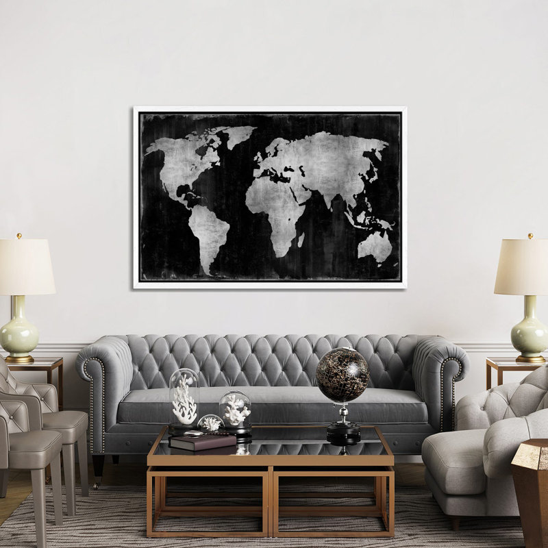 The World - Silver On Black by Russell Brennan - Gallery-Wrapped Canvas Giclée on Canvas, White Floater Framed