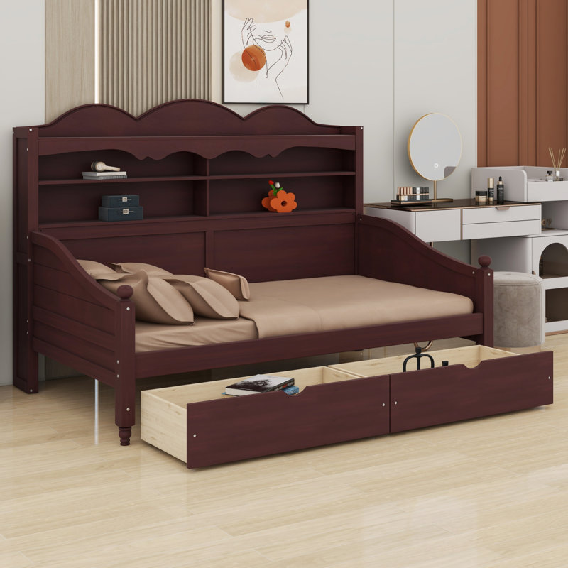 Lit de jour en bois classique avec tiroirs de rangement et tablettes décoratives pour tête de lit, Espresso