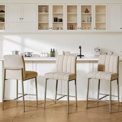 Comfortable Bar Stools Set of 3, 26” Thick Upholstered Counter Height Bar Stools with Back, Linen Counter Stools with Metal Legs for Kitchen Island, Khaki