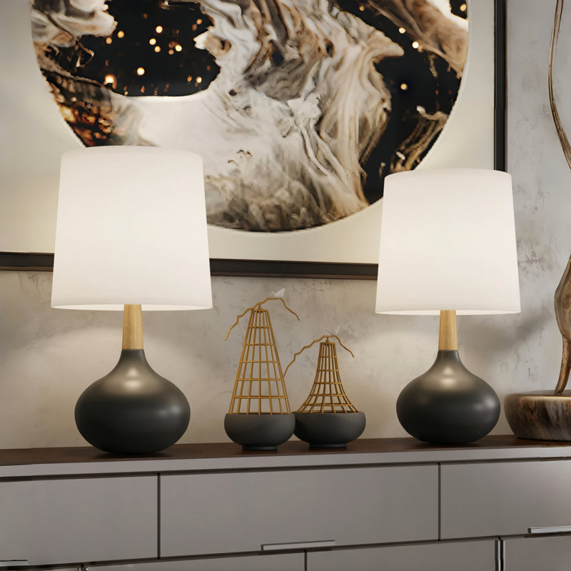14'' Ceramic And Wood Modern Table Lamp Set For Bedroom, Black/Brown