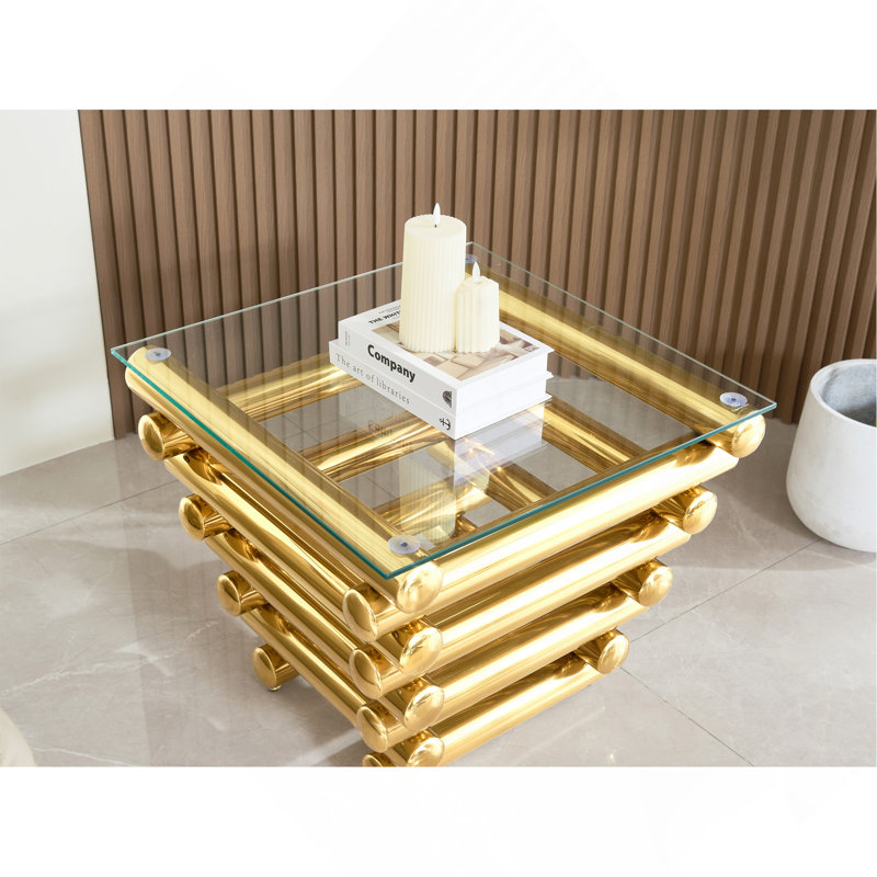 24 po, table de bout carrée moderne en acier inoxydable, table d'appoint en verre trempé transparent, table basse de salon, style moderne, doré