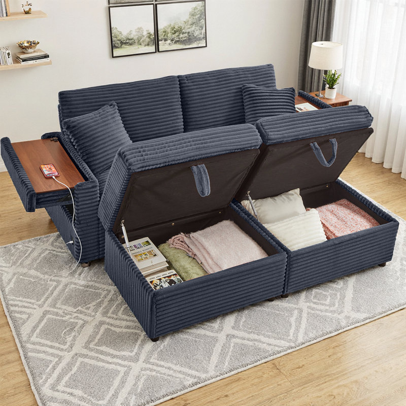 Comfortable Fluffy Corduroy Lazy Big Loveseat Couch, Super Soft Chaise Lounge 2-Seater Sofa with Double Storage Ottomans, Table Board & USB Port for Living Room