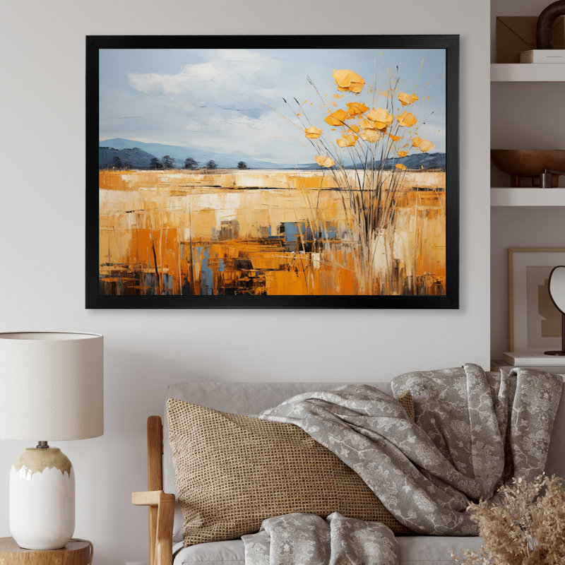 Jaune bleu audacieux, ciel et prairies dorées - impression, H 34 po x l 44 po x P 1,5 po, Cadre simple noir