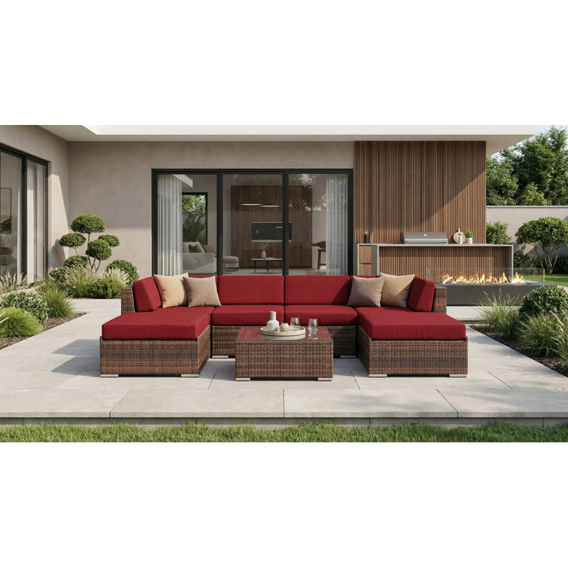 Billyjo Wicker 4 - Person Seating Group with Cushions - No Assembly, Canvas Jockey Red Sunbrella® Canvas, Mixed Brown