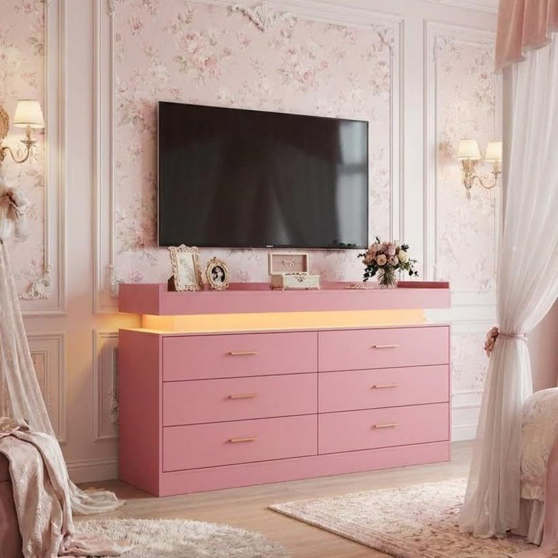 31.5" Height TV Stand Cabinet with 6 Drawers, Pink