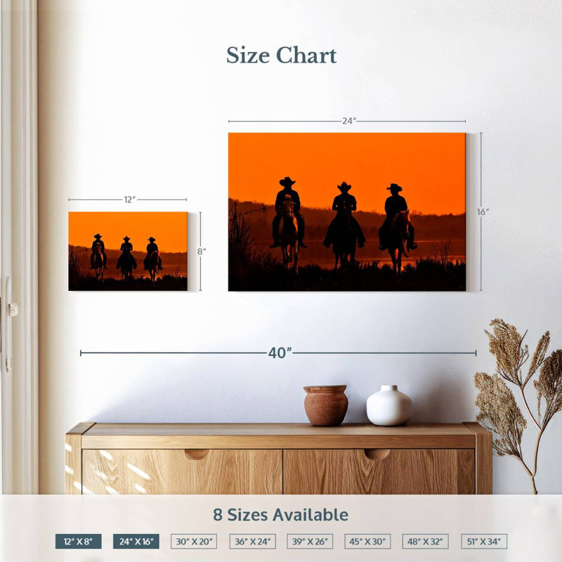 Cowboys au coucher du soleil, H 16 po x l 24 po