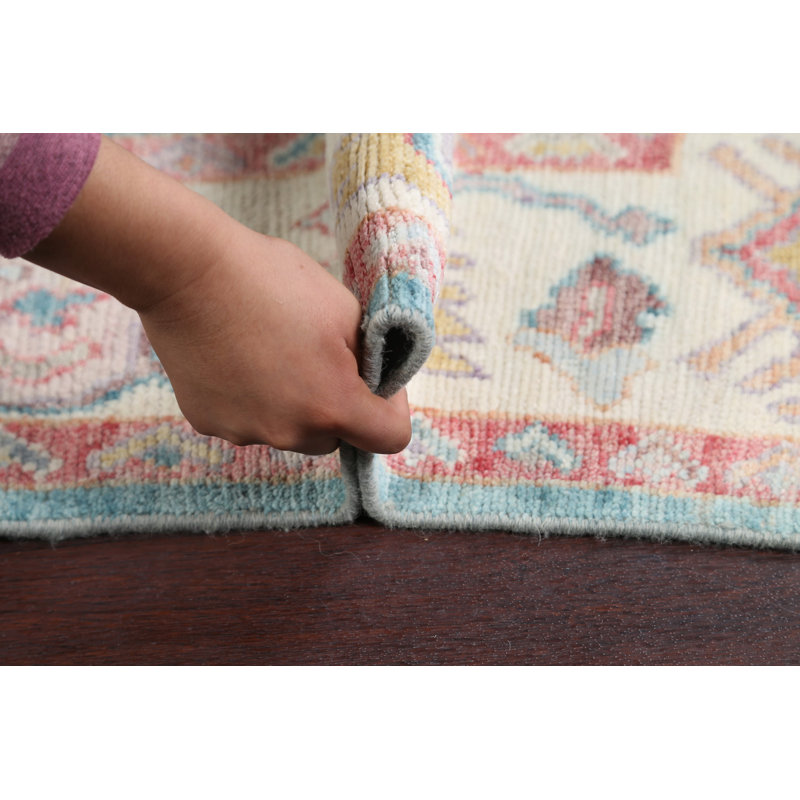 Tapis vert en laine noué à la main de conception unique 5 pi 4 po x 9 pi 2 po New Age