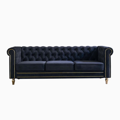 Button Tufted Roll Arm Velvet Chesterfield Three Seater Upholstered Sofa For Traditional Living Room Decor