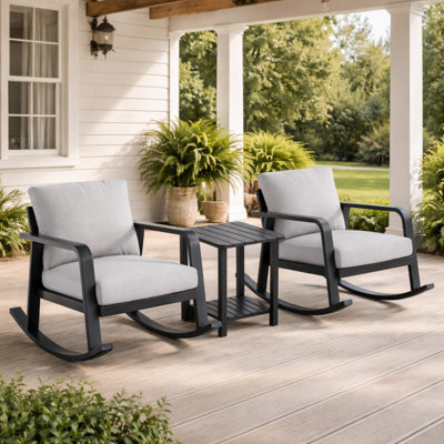 Ensemble bistro de jardin à bascule, mobilier d'extérieur en aluminium 3 pièces avec table d'appoint, coussins en oléfine, terrasse pour 2 personnes