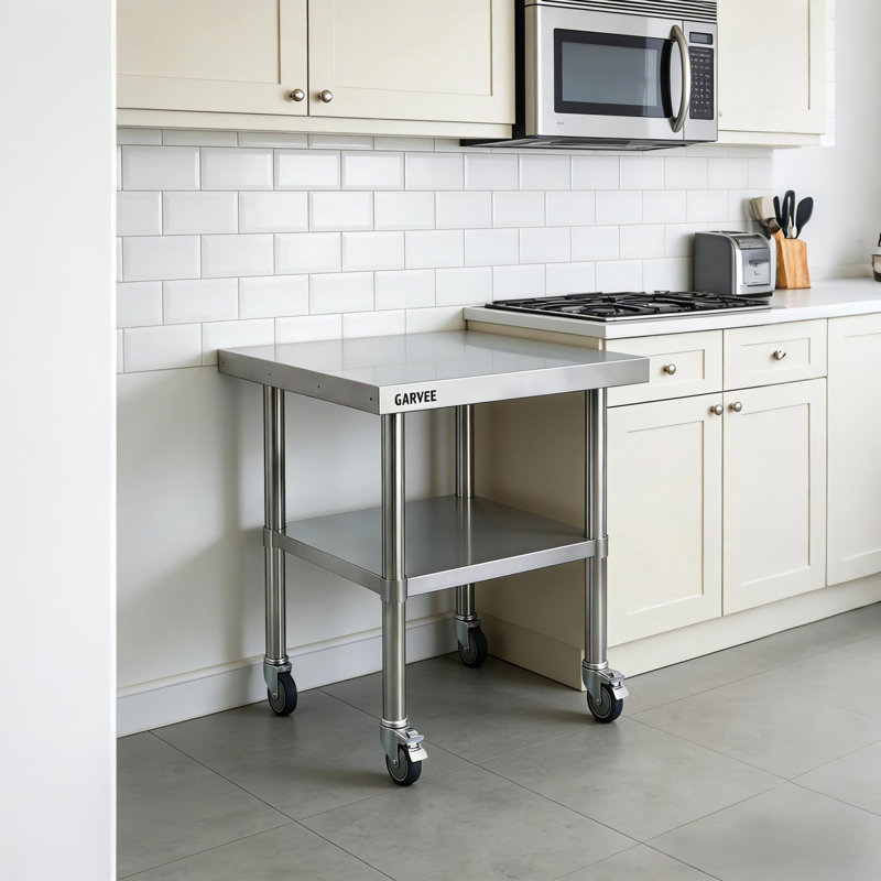 Table de travail en acier inoxydable avec roulettes pour la maison, le garage du restaurant, H 26 po x L 36 po x l 30 po