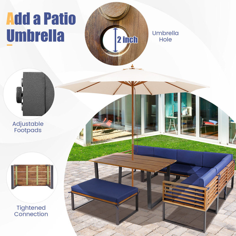 Latitude Run® 8pcs Patio Dining Set Acacia Wood L Shaped Sectional Sofa Set W/ Navy Cushions
