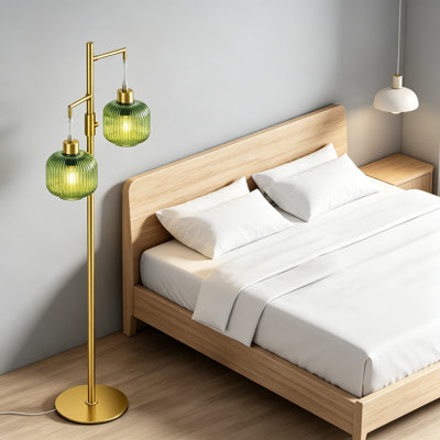 Mid-Century Modern Floor Lamp With Green Glass Shade, Dimmable 3-Light Standing Lamp For Living Room Or Bedroom, Vintage Retro Design With Warm White LED Bulbs Included