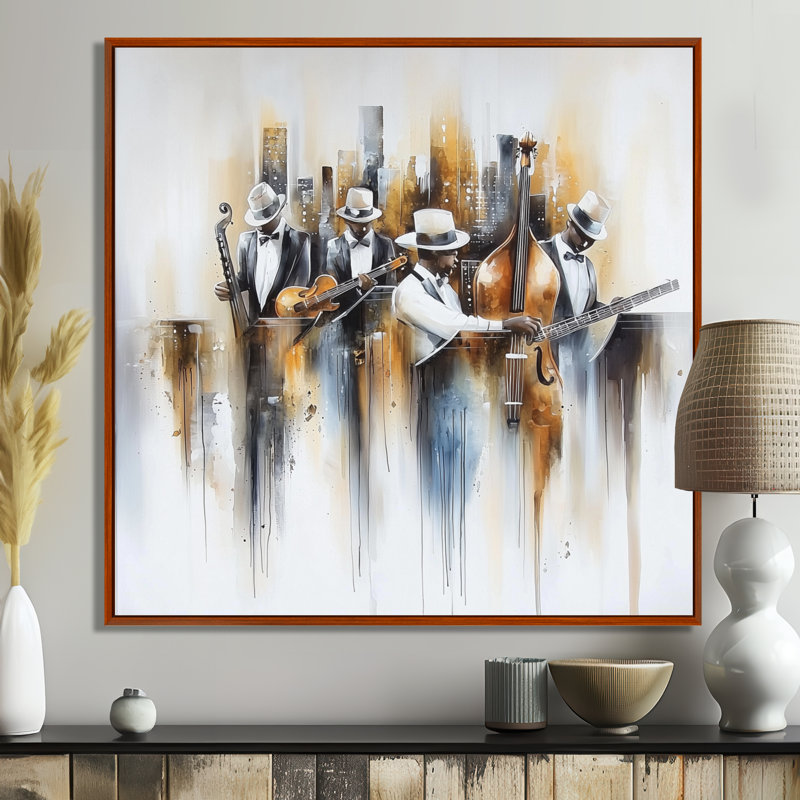 Abstrait Musiciens dans le studio III, Reproduction avec cadre flottant, Brun, H 16 po x l 16 po