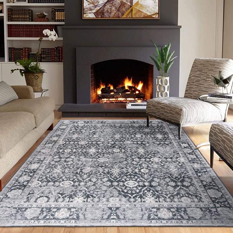 Roshun Noor Vintage Machine Washable Area Rugs, Rectangle 5' x 7', Dark Gray Ivory