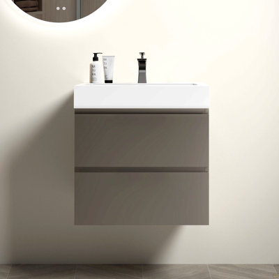 Meuble-lavabo mural 24 po avec évier, grand meuble-lavabo flottant mural pour salle de bain moderne, lavabo une pièce blanc sans bonde ni robinet, pré-assemblé
