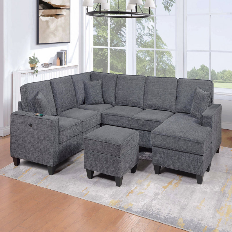 Contemporary Style 5Pc Sectional Set Left Arm Loveseat With Usb Port Corner Wedges Ottoman Armless Chairs Right Arm Loveseat With Chaise Slate Gray Finish Primary Living Room