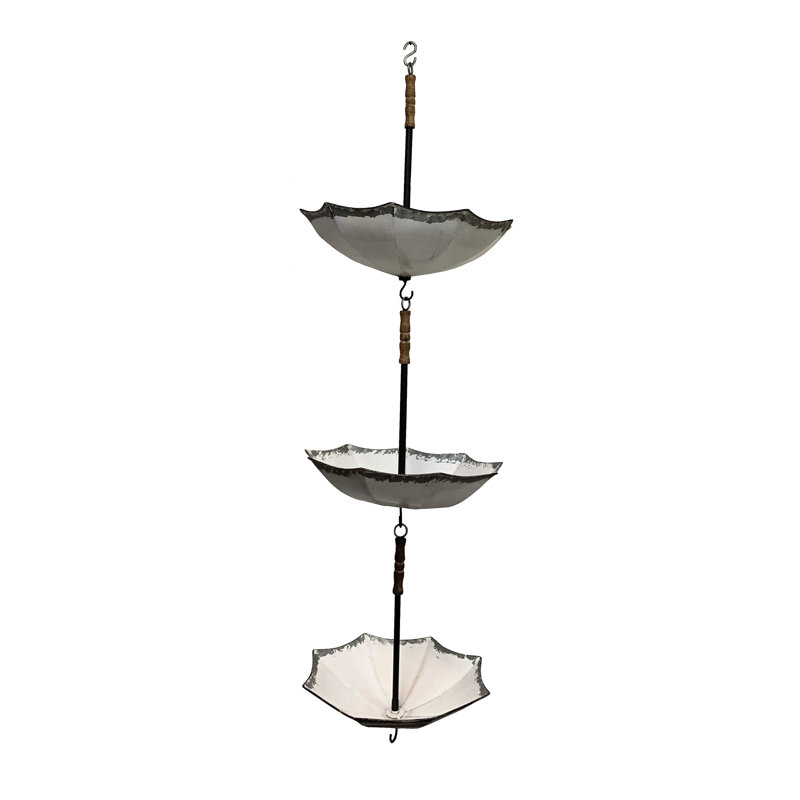 Distressed Black and White Hanging Metal and Wood Three-Tier Bird Feeder