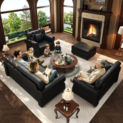 4-Piece Mid-Century Modern Chesterfield Living Room Set Upholstered Faux Leather Furniture Set