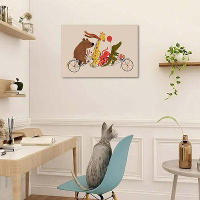 Funny Animal Canvas Wall Art Colorful Animals Bike Parade Picture Nursery Wall Decor Bird Crocodile Giraffe Rabbit And Bear Pedaling Poster Painting Prints Artwork